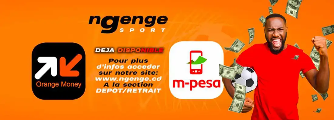 Publicité Ngenge Sport pour les dépôts et retraits via Orange Money et M-Pesa. Homme souriant tenant un ballon avec des billets flottants autour.