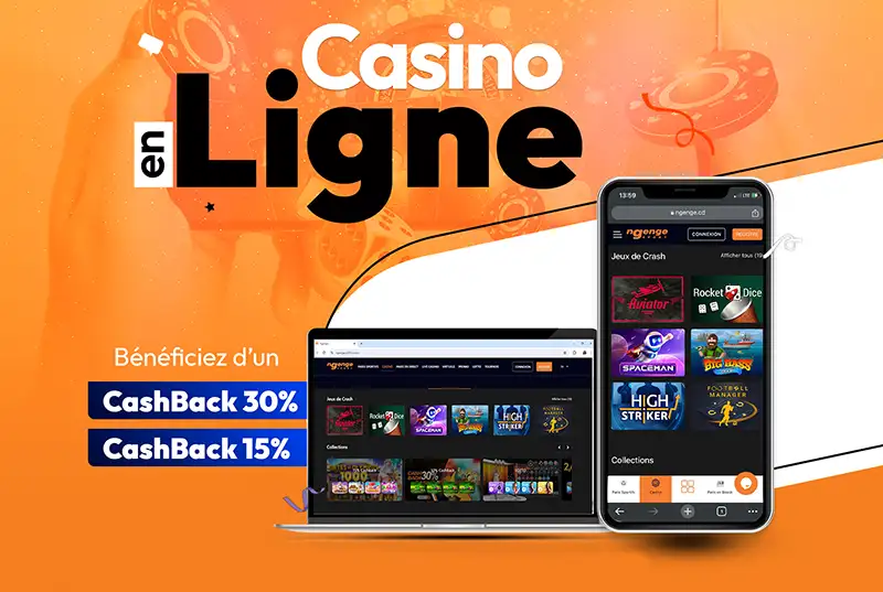 Casino en ligne de Ngenge Sport. Écrans d’ordinateur et de téléphone affichant des jeux et offres de cashback.