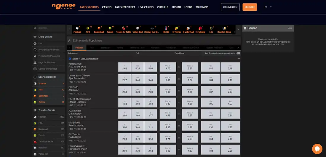 Interface de Ngenge Sport affichant les cotes des matchs de football en UEFA Europa League.